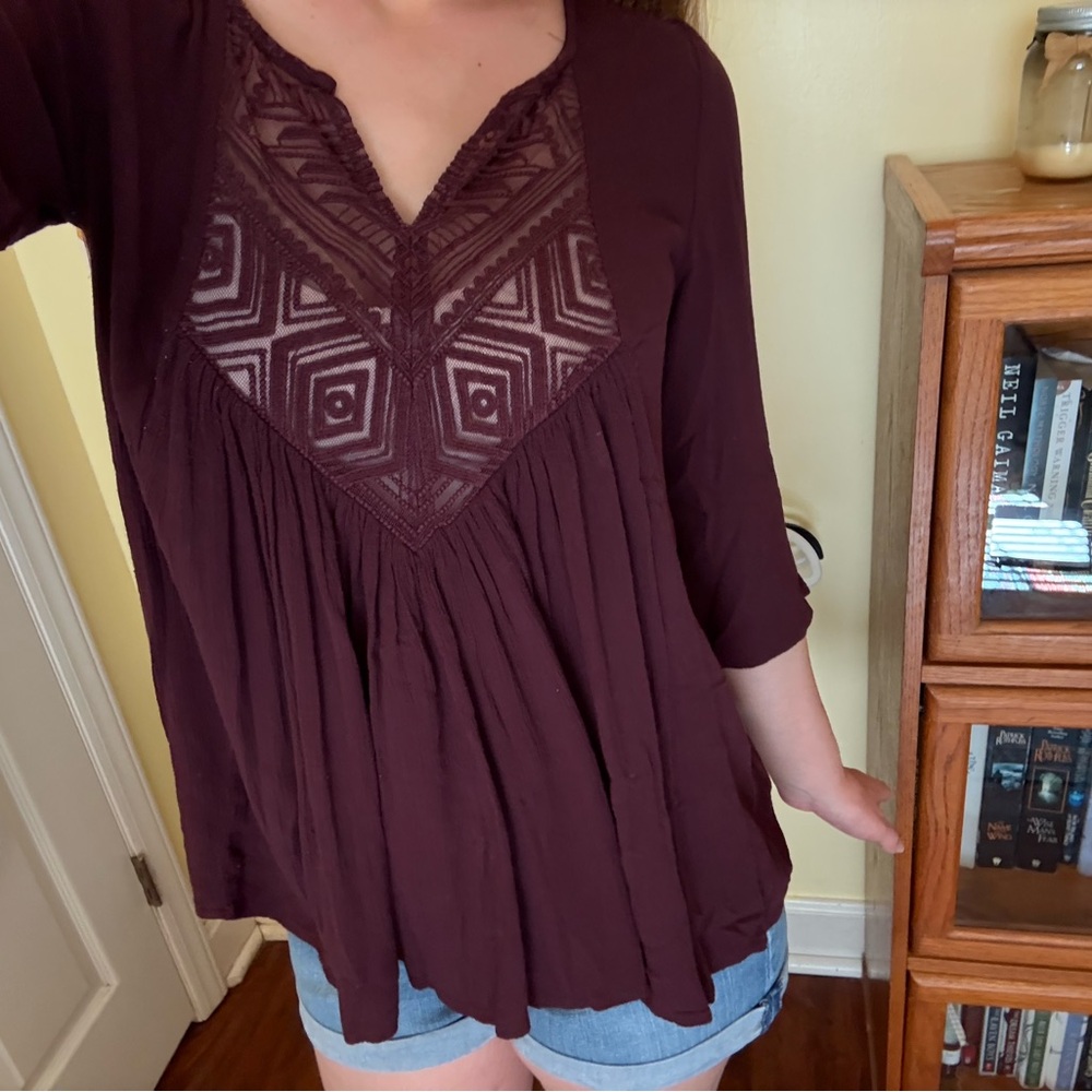 Flowy boho embroidered three quarter sleeve top